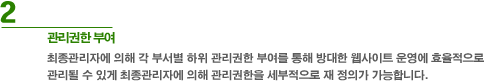 2. 관리권한 부여 : 최종관리자에 의해 각 부서별 하위 관리권한 부여를 통해 방대한 웹사이트 운영에 효율적으로 관리될 수 있게 최종관리자에 의해 관리권한을 세부적으로 재 정의가 가능합니다.
