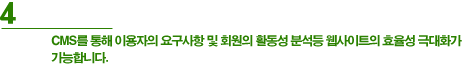 4. CMS를 통해 이용자의 요구사항 및 회원이 활동성 분석등 웹사이트의 효율성 극대화가 가능합니다.