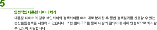 5. 안정적인 대용량 데이터 처리 - 대용량 데이터의 경우 색인서버와 검색서버를 여러 대로 분리한 후 통합 검색결과를 산출할 수 있는 분산볼륨검색을 지원하고 있습니다. 또한 멀티구조를 통해 다량의 질의어에 대해 안정적으로 처리할 수 있도록 지원합니다.