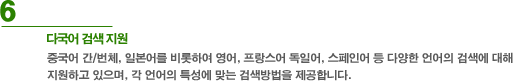6. 다국어 검색 지원 - 중국어 간/번체, 일본어를 비롯하여 영어, 프랑스어, 독일어, 스페인어 등명다양한 언어의 검색에 대해 지원하고 있으며, 각 언어의 특성에 맞는 검색방법을 제공합니다.