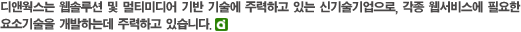 디앤웍스는 웹솔루션 및 멀티미디어 기반 기술에 주력하고 있는 신기술기업으로, 각종 웹서비스에 필요한 요소기술을 개발하는데 주력하고 있습니다.